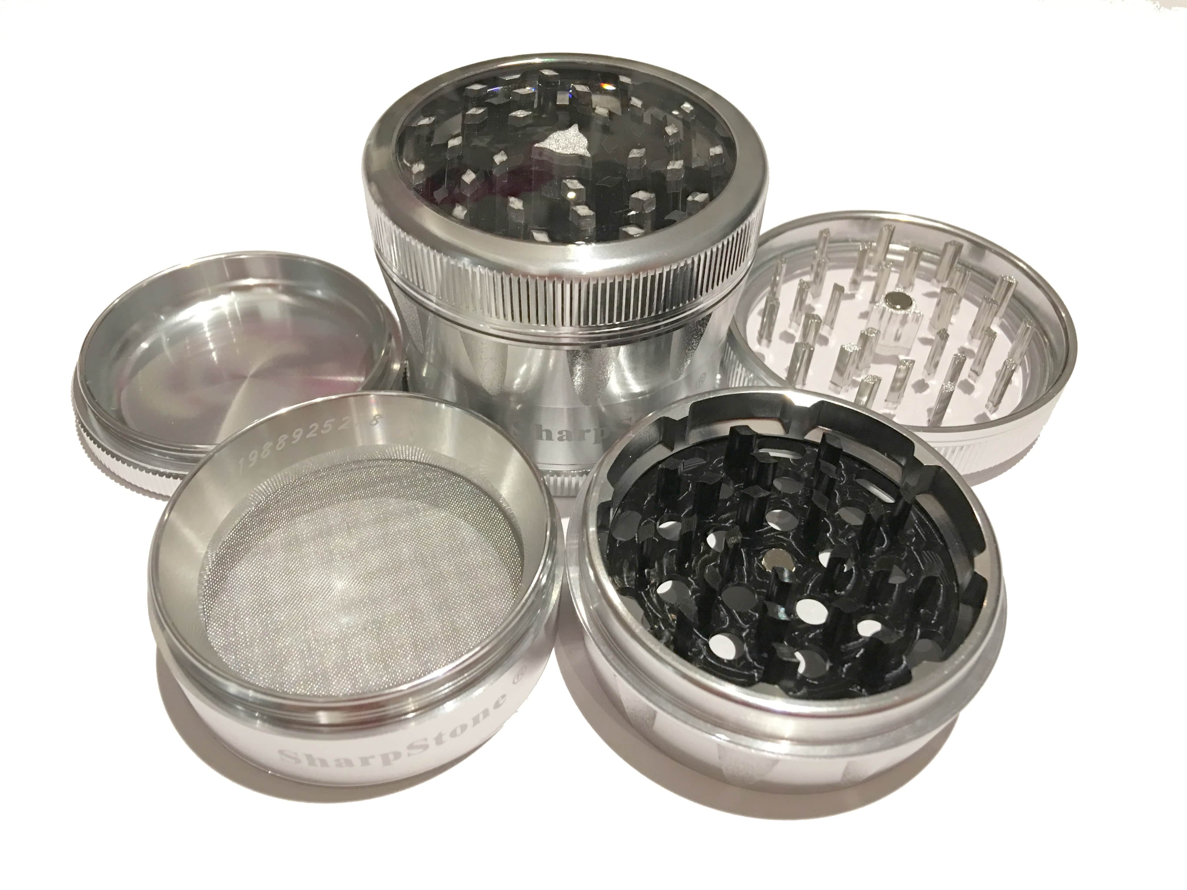 Version 2.0 - Large (2.5" Inch) / Clear Top / Silver Sharpstone 4 Piece Grinder