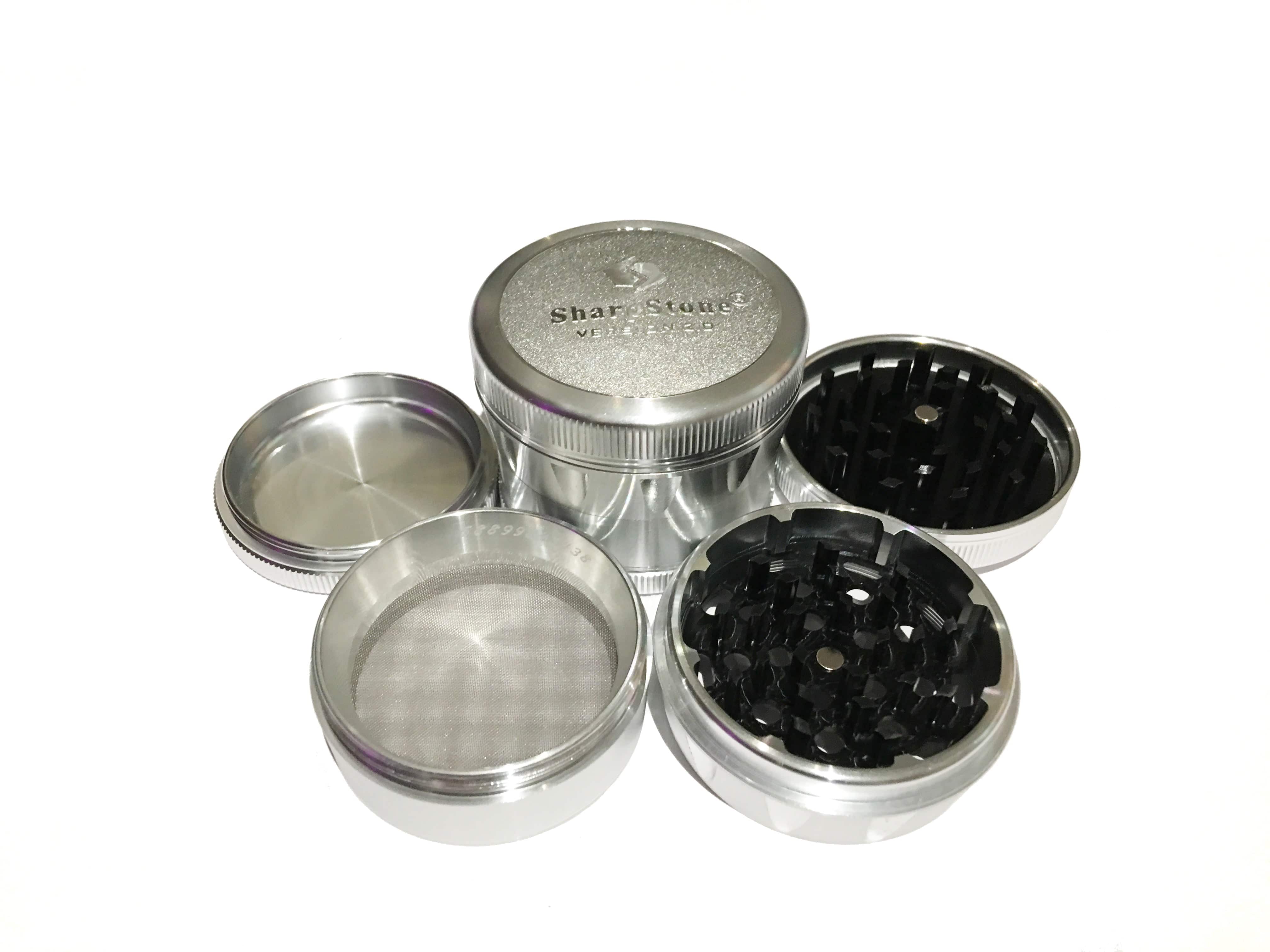 Version 2.0 - Large (2.5" Inch) / Crank Top / Silver Sharpstone 4 Piece Grinder